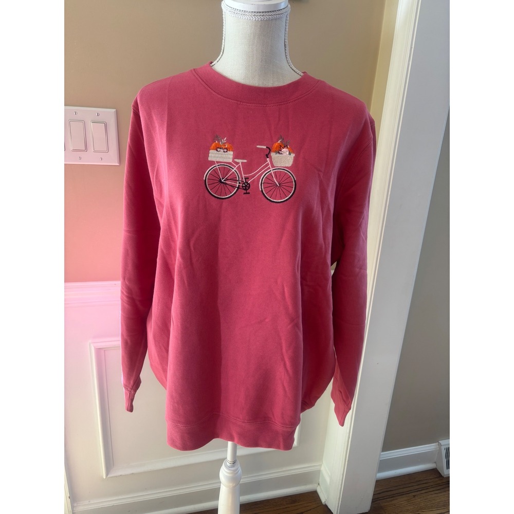 National Womens Pink Embroidered Pumpkin Bicycle Fleece Sweatshirt 1X Fall New